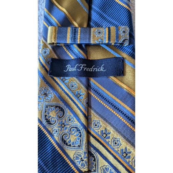 Paul Fredrrick Silk Hand Tailored Tie  Blue, Yellow/<Gold, Preppy, Classic - Picture 2 of 5